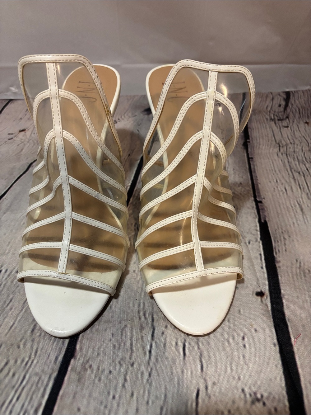 INC International Concepts White Clear Cage Strap Heels